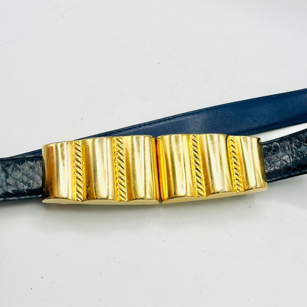 Vintage Navy Blue Genuine Snake Skin Belt Gold Tone Statement Buckle M / L